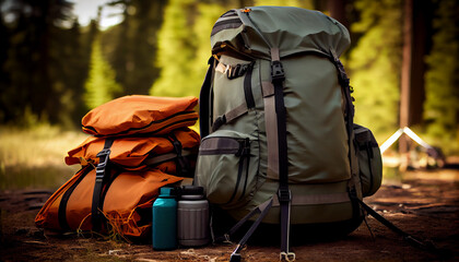 Travel bags in front of a camping tent, hiking gear.. Generate Ai