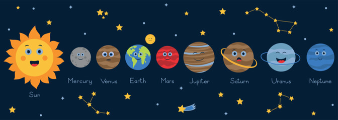 Vector solar system. Cartoon children illustration of space. Cute funny planets. Sun, mercury, venus, earth, mars, jupiter, saturn, uranus, neptune, moon, comet, stars and constellations