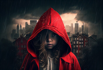 Tale of modern little red riding hood in a city with buildings in rainy weather. Generate Ai - obrazy, fototapety, plakaty