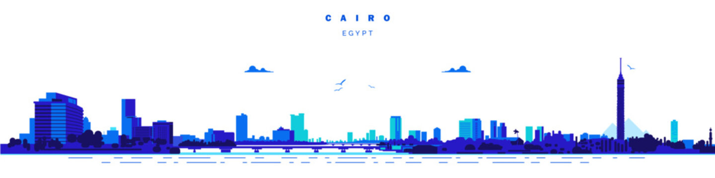 Landscape skyline of egyptian capital cairo, nile river and symbol buildings vector illustration.