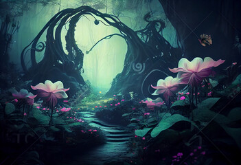 Fototapeta na wymiar Photo fantasy landscape magical forest background with big flower. Generate Ai