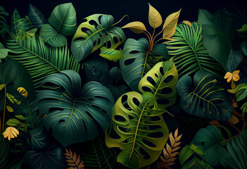 Fototapeta na wymiar Photo tropical leaves background jungle rainforest plants wallpaper. Generate Ai