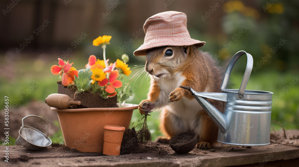 Sticker Squirrel dressed as a gardener Generative AI 