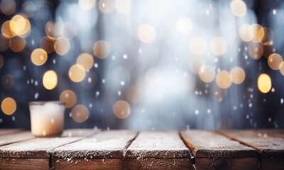 Winter on a Wooden Table. Blurred Background with Snow and White Decor for christmas or xmas product