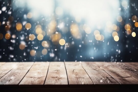 Winter on a Wooden Table. Blurred Background with Snow and White Decor for christmas or xmas product