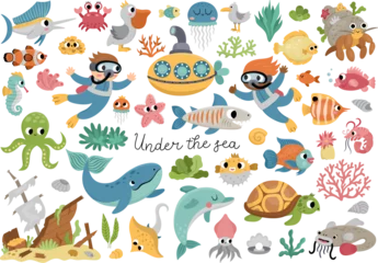 Papier Peint photo Vie marine Vector under the sea set. Ocean collection with seaweeds, fish, divers, submarine. Cartoon water animals and weeds for kids. Clipart with wreaked ship, dolphin, whale, tortoise, octopus.