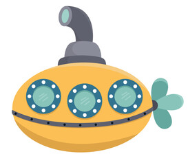 Vector submarine icon. Under the sea illustration with cute funny boat. Ocean clipart with yellow sub. Cartoon underwater or marine clip art for children isolated on white background.