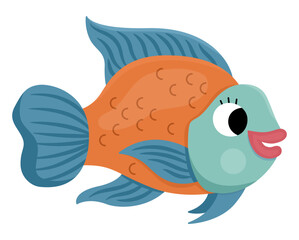 Vector parrotfish icon. Under the sea illustration with cute funny parrot fish. Ocean animal clipart. Cartoon underwater or marine clip art for children isolated on white background.