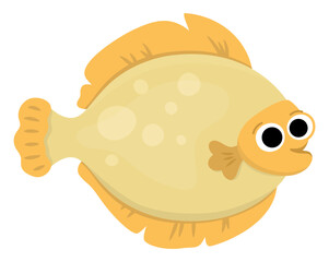 Vector flounder icon. Under the sea illustration with cute funny flat fish. Ocean animal clipart. Cartoon underwater or marine clip art for children isolated on white background. Plaice picture.