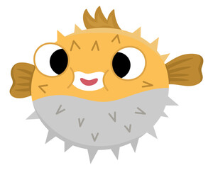 Vector blowfish icon. Under the sea illustration with cute funny spiky fish. Ocean animal clipart. Cartoon underwater or marine clip art for children isolated on white background.
