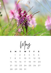 The month of may in the 2023 calendar with a flowers photo. Author's calendar for 2023 by month
