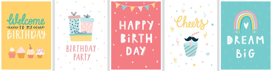 Fototapeta premium Cute Birthday cards with Letterings for your design - Happy Birthday, Stay wild and others. Hand drawn prints.