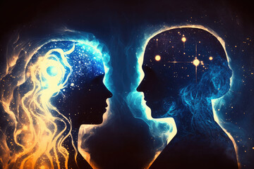 Obraz premium Astral body man and woman silhouettes face to face neural network AI generated art