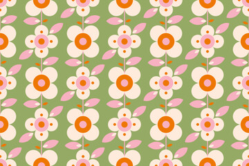 Retro flower seamless pattern with leaves. Modern stylized floral, pastel color graphic design, background. Blossom flowers - 583058009