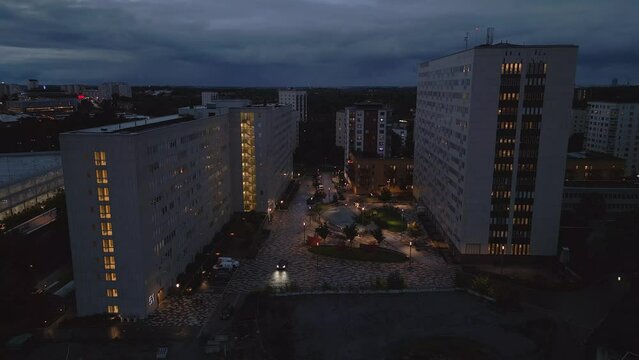 Apartment buildings in swedish suburb V&auml;llingby. Ascending crane shot.