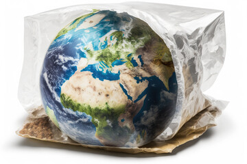 the planet earth in the plastic vacuum bag,earth day,earth hour,generative ai.