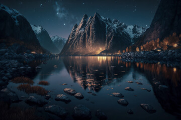 Nighttime Magic: Exploring the Enchanting Beauty of a Norwegian Fiord under the Starry Sky, ai generative