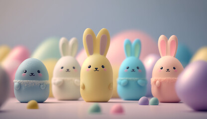 Kawaii easter bunny and easter eggs created with Generative AI