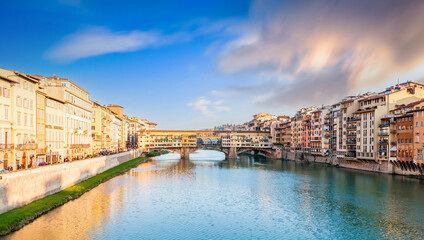 Ponte Vecchio over the Arno river at sunset, in Florence, Tuscany in Italy