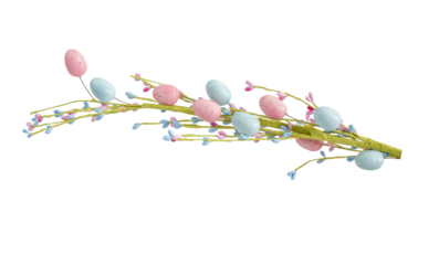 Decorative branch with Easter eggs isolated on white background.