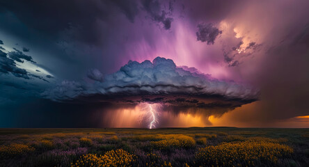 A dramatic lightning storm over a vast, rolling prairie landscape - Generative AI