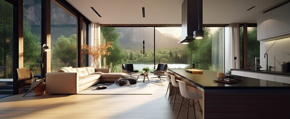 a modern open plan living room and kitchen interior with a lakeside and mountain view