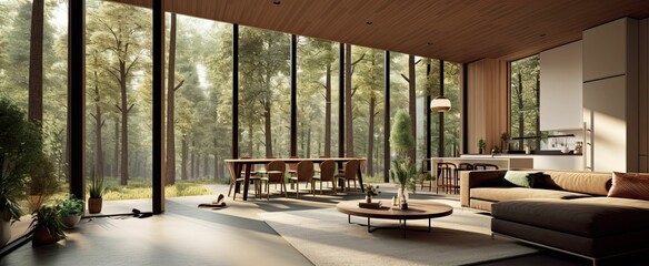 a modern open plan living room, dining and kitchen interior with a view of the forest