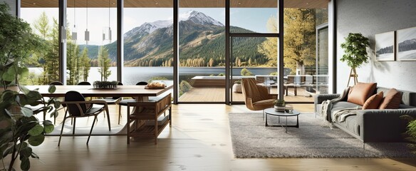 a modern open plan living room and dining interior with a lakeside and mountain view