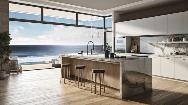 A modern kitchen that looks out to the sea