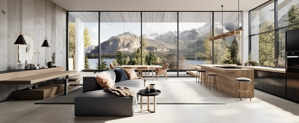 a modern open plan living room and kitchen interior with a lakeside and mountain view