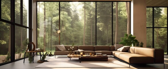 a modern open plan living room, dining and kitchen interior with a view of the forest