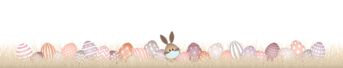 Banner Braunes Hasenei Maske Mit 28 Ostereiern Weißes Muster Wiese Beige Verschiedene Farben