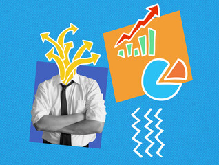 Art collage with unrecognizable man and financial charts. Idea management concept.