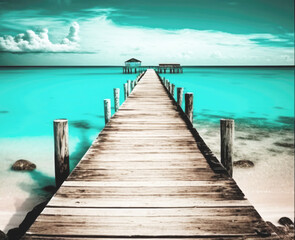 A view of a wooden pier extending towards the turquoise sea.