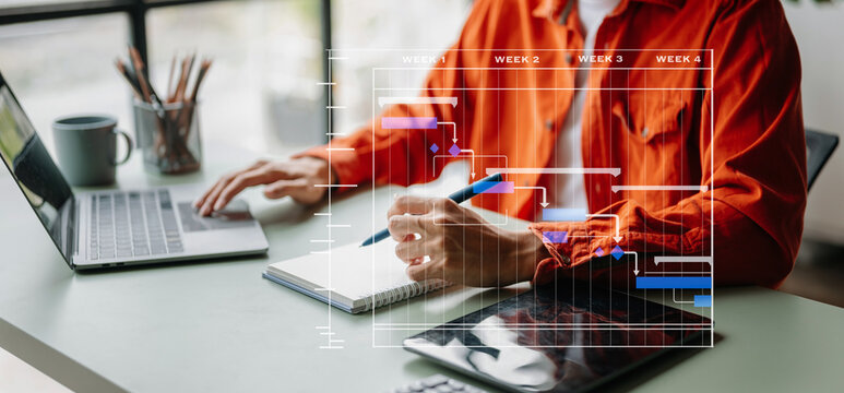 Project manager working and update tasks with milestones progress planning and Gantt chart scheduling diagram.business tram working at office.