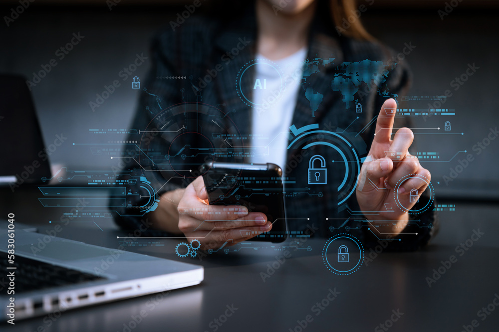 Poster cyber security and data protection. business using computer and tablet protecting business and finan