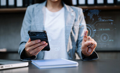 Cyber security and data protection. Business using computer and  tablet protecting business and financial data with virtual from cyber attack, cybersecurity technology in office