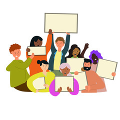 Stop Gun Violence concept. Group of people with placard with empty space. Protest rally demonstration strike to ban weapons and end shooting. Vector