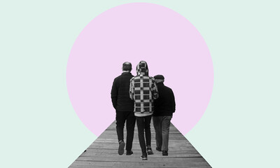 Art collage, people walking on a bridge into the unknown. Modern collage.