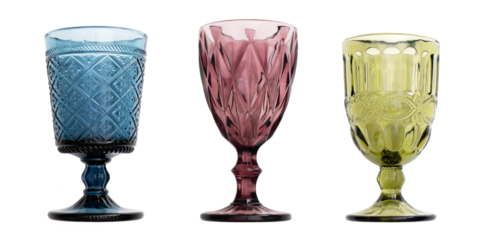 Stylish glasses for a restaurant for different drinks, transparent background, isolate .