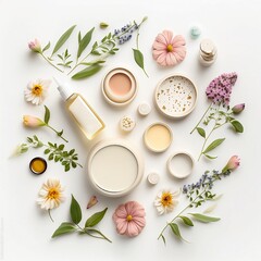 Fototapeta na wymiar Flat lay with professional makeup products. Accessories for the beauty industry. Top view adorned with spring flowers on a white background.
