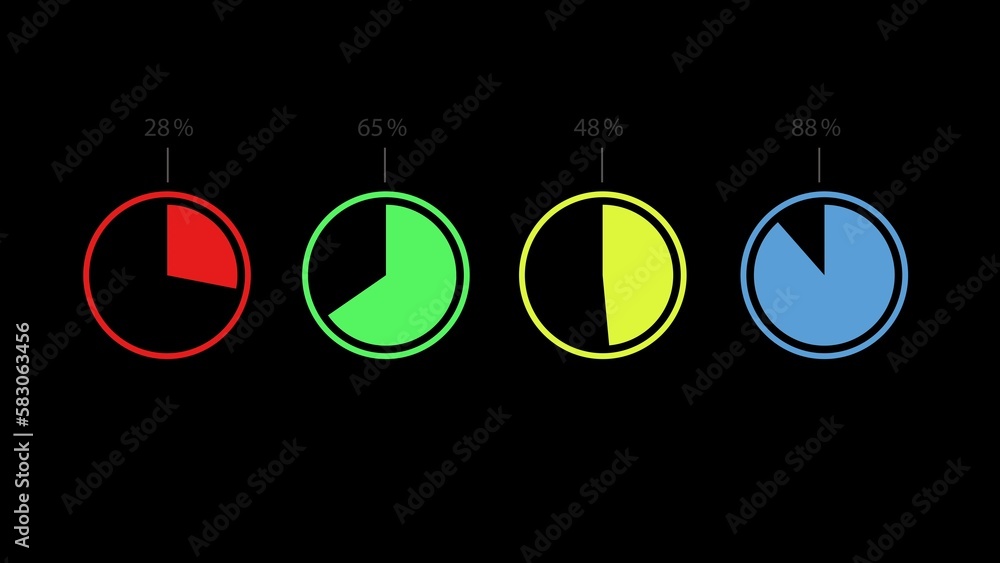 Poster four radial circular pie chart with different percentages. diagram elements isolated on black backgr