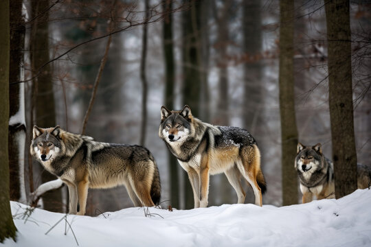 Drei Wölfe im Schnee im Wald, generative AI