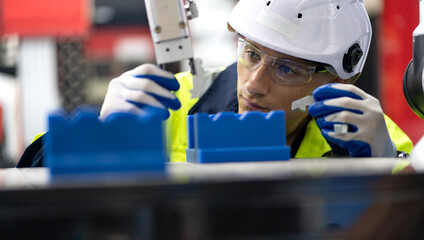 Industrial engineer working on robot arm maintenance in modern technology factory. Technician checking robotic automated welding torch machine to control welding process. Innovative engineering.