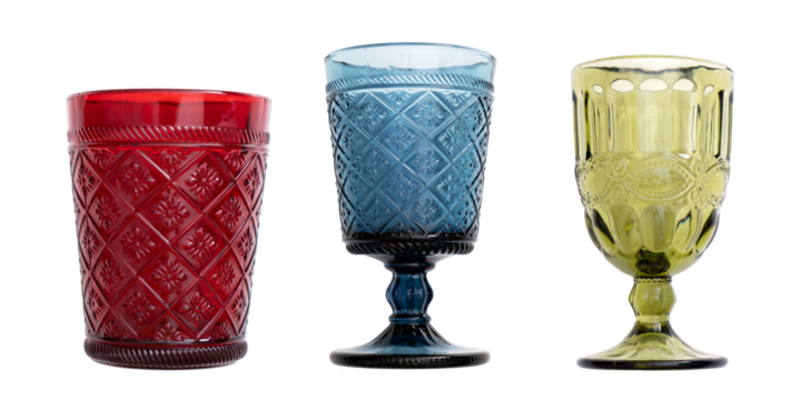 Several multi-colored glasses of glass or wine for water, transparent background, isolate .