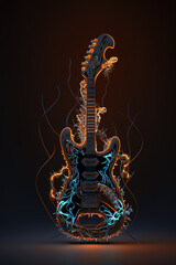 Electric guitar neon, on dark background. Music concept. AI generate