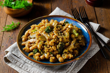Quinoa with Chickpea, Mushrooms, and Broccoli, Healthy Meal, Vegetarian Food, Rustic Background
