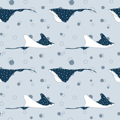 Seamless pattern with stingrays on a gray background. Minimalism in shades of gray. Cute cartoon drawing style. Pattern for textiles, wrapping paper, decor.