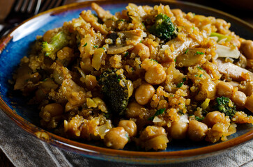 Quinoa with Chickpea, Mushrooms, and Broccoli, Healthy Meal, Vegetarian Food, Rustic Background
