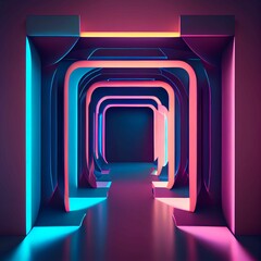 Light in the tunnel, square format. Neon Light. Generative AI
